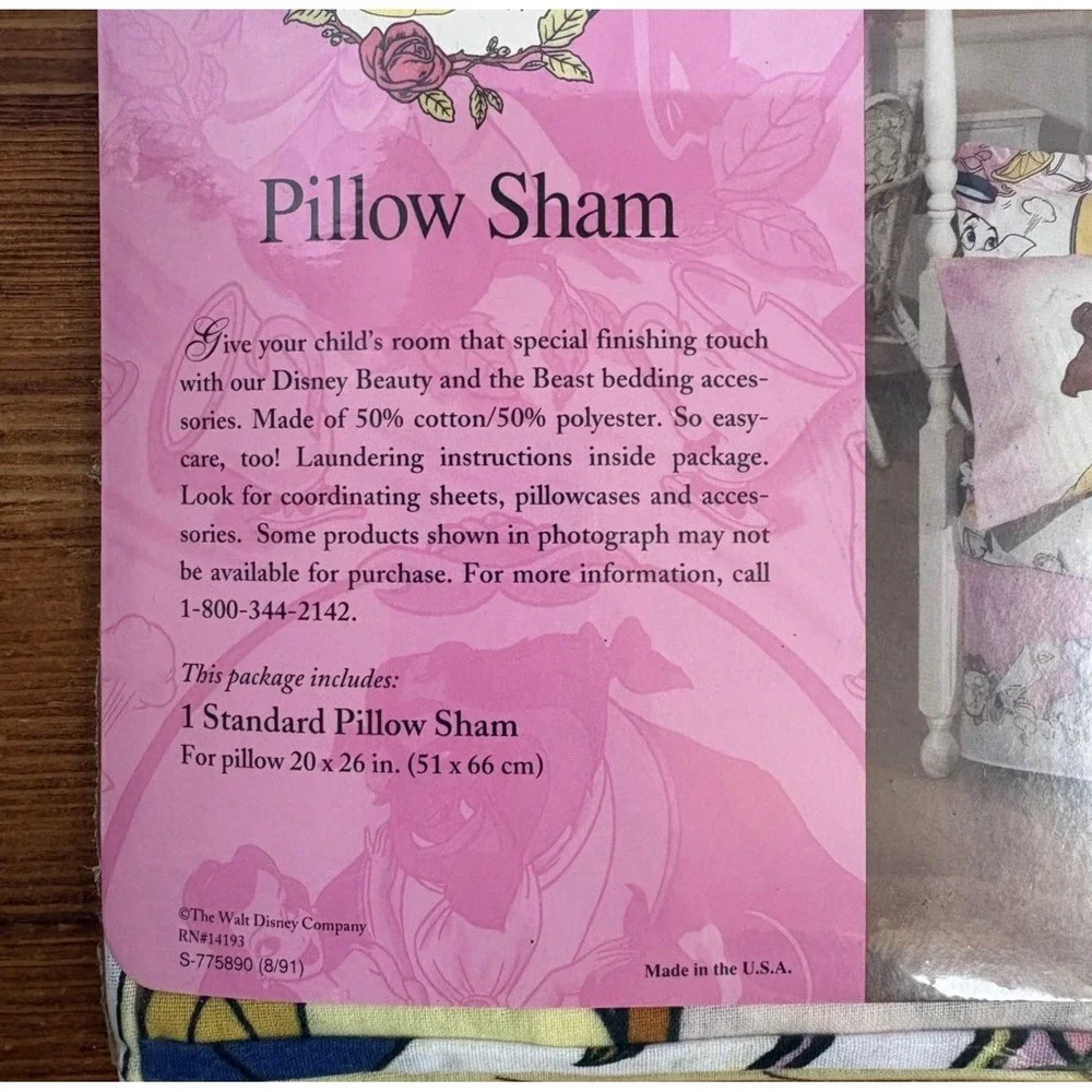 Vintage Disney Beauty and the Beast Standard Pillow Sham Pink New in Package USA